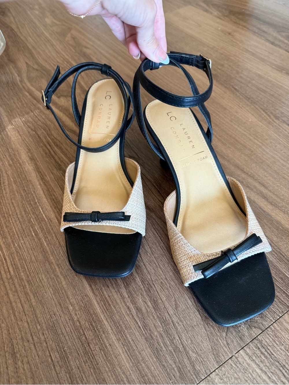 LC Lauren Conrad Black and Beige Bow Ankle-Strap Sandals